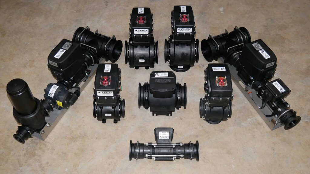 Stock photo of a Mixmate Flow Single with gear meter and one with a magmeter, also photos of control valves and flowmeters.